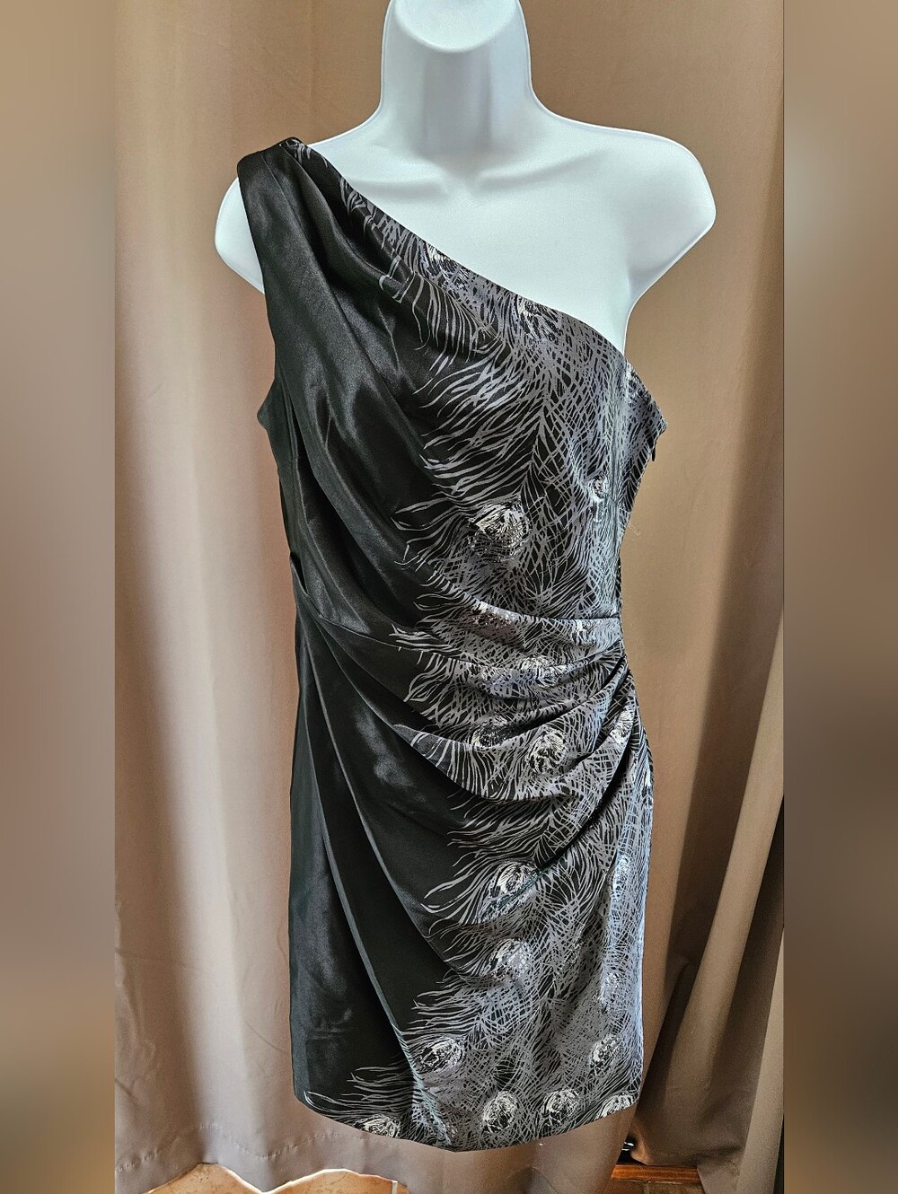 London Times Black One-Shoulder Dress with Silver Feather Print